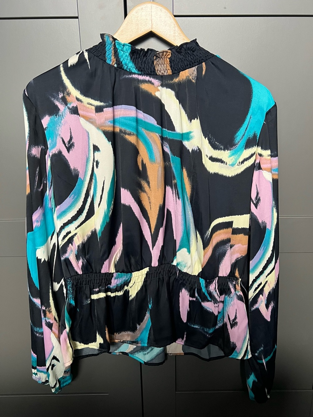 NWOT Nine West Abstract Brushstroke Long-Sleeve Blouse - Black Multi- Sz Large